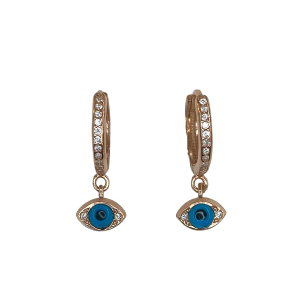 Mini Turkish Blue Evil Eye Sterling Silver Dangle Huggie Post Earrings